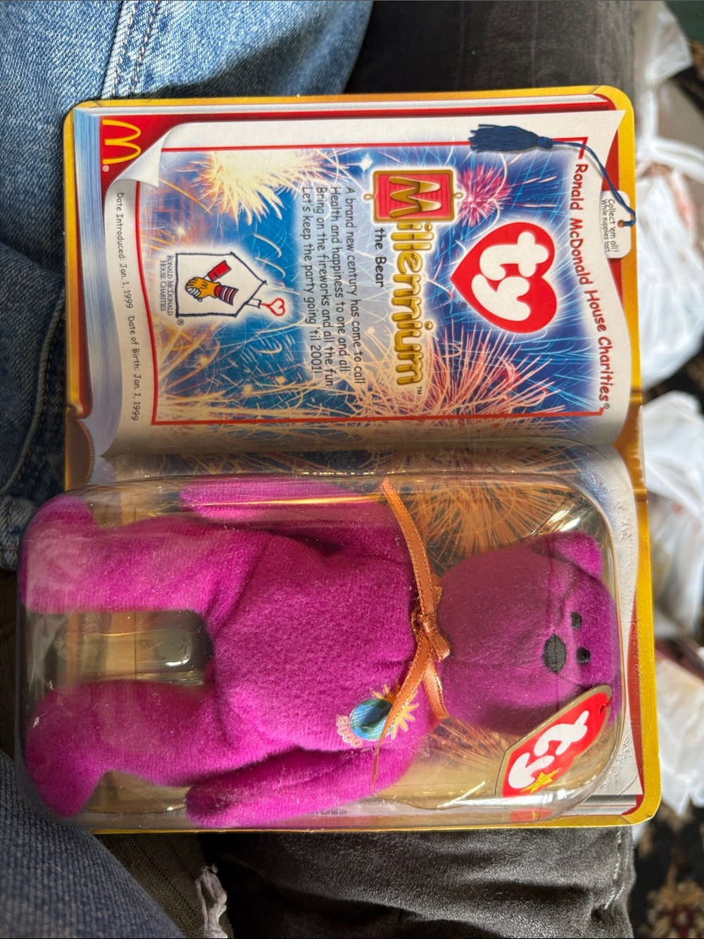 Ty Magenta Millennium Beanie Baby Bear with Gold Ribbon